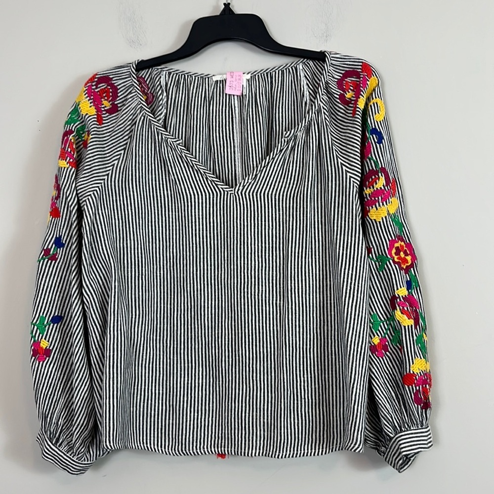 Anthropologie Floreat Floral Embroidered Tassel Back Top Cotton Blend Loose Fit